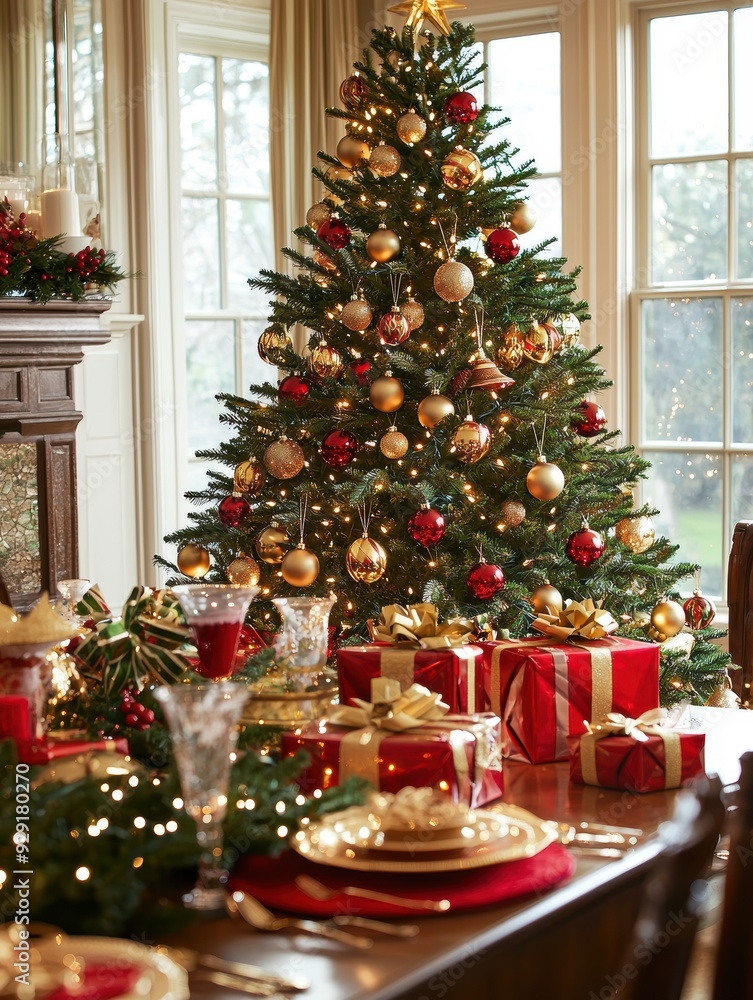 Classic Christmas Scene with Gold and Red Decorated Tree, Presents, and Festive Table Setting Classic Christmas Scene with Gold and Red Decorated Tree, Presents, and Festive Table Setting