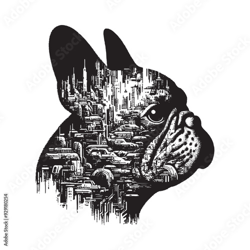 silhouette of French Bulldog, filled with destroyed futuristic dystopia environment in rough drawing,