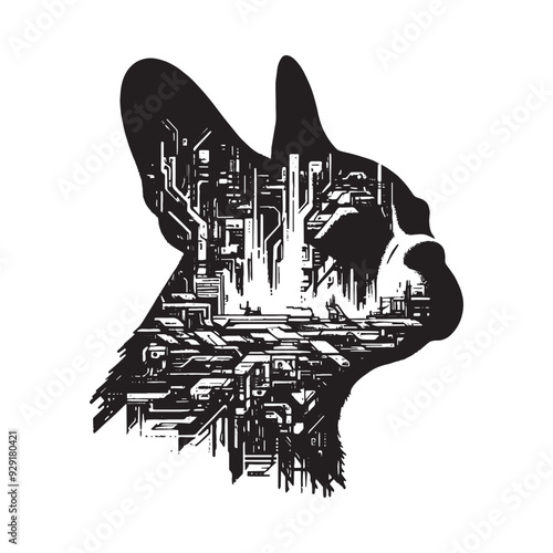 silhouette of French Bulldog, filled with destroyed futuristic dystopia environment in rough drawing,