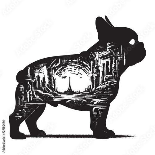 silhouette of French Bulldog, filled with destroyed futuristic dystopia environment in rough drawing,