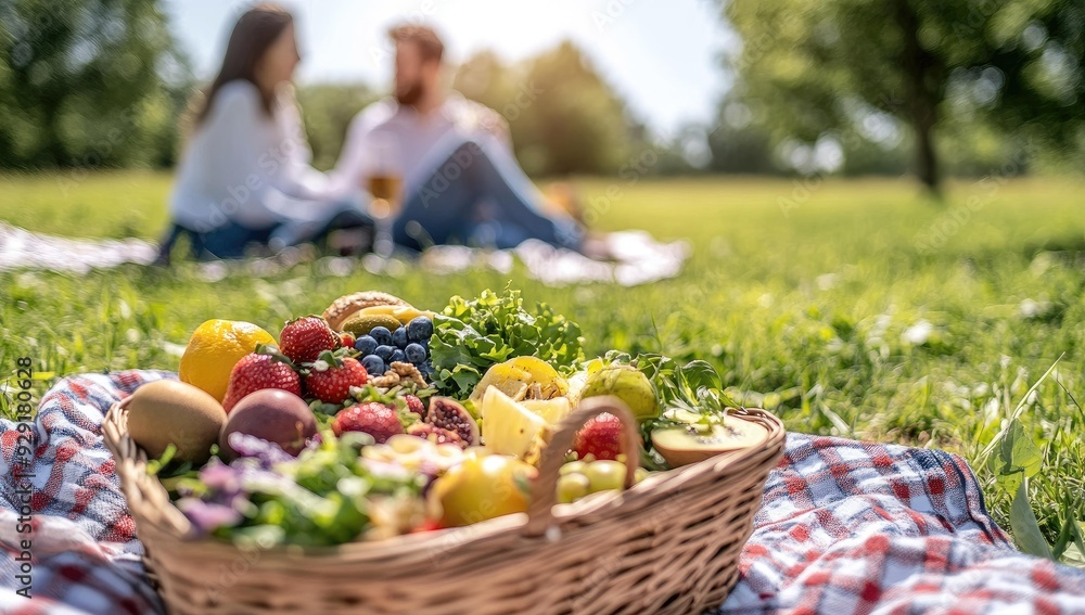 Fruit basket on checkered blanket in grassy park. Fruit basket on checkered blanket in grassy park.