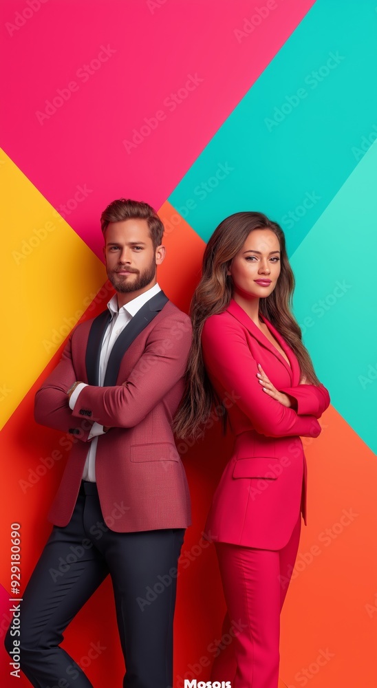 Confident business professionals standing back-to-back against vibrant, colorful background symbolizing teamwork and success. Confident business professionals standing back-to-back against vibrant, colorful background symbolizing teamwork and success.