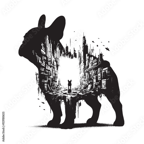 silhouette of French Bulldog, filled with destroyed futuristic dystopia environment in rough drawing,