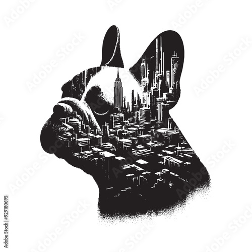 silhouette of French Bulldog, filled with destroyed futuristic dystopia environment in rough drawing,