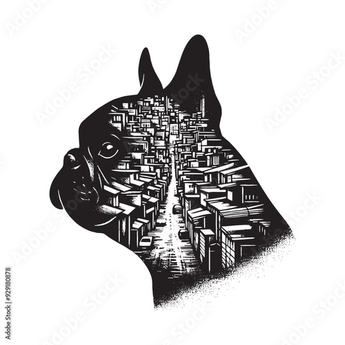 silhouette of French Bulldog, filled with ghetto street in rough drawing,