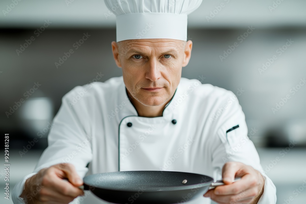Professional chef in white uniform holding a frying pan with focus. Culinary expert ready to cook in restaurant kitchen. Professional chef in white uniform holding a frying pan with focus. Culinary expert ready to cook in restaurant kitchen.