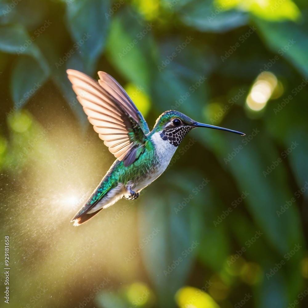Fototapeta premium Hummingbird in flight with sunlight background