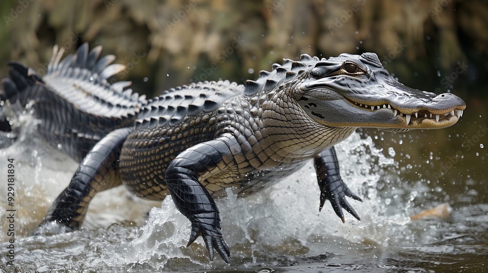 A crocodile splashes through water, showcasing its powerful physique and natural habitat. A crocodile splashes through water, showcasing its powerful physique and natural habitat.