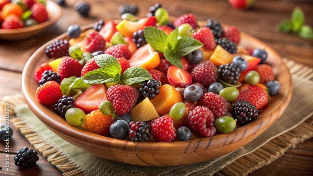 Fruit salad with a variety of colorful berries and mint with a refreshing and vibrant vibe against a bright background
Fruit salad with a variety of colorful berries and mint with a refreshing and vibrant vibe against a bright background