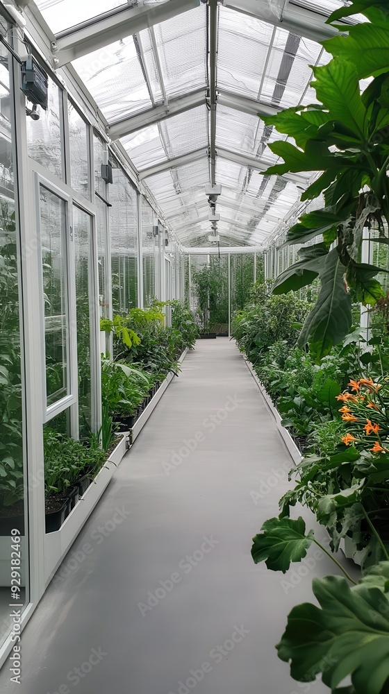 A long corridor in a greenhouse showcases various plants thriving under controlled climate conditions A long corridor in a greenhouse showcases various plants thriving under controlled climate conditions
