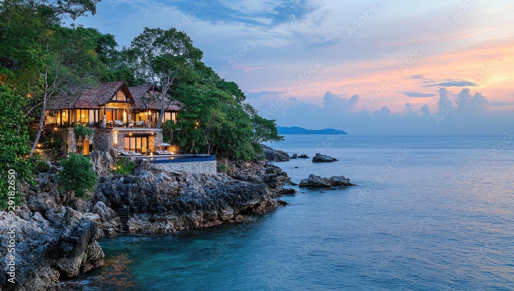 A luxurious house on a rocky cliff overlooking the ocean. A luxurious house on a rocky cliff overlooking the ocean.