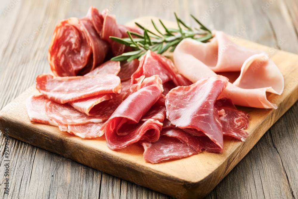 Wooden board with ham and sausages accompanied with a branch of rosemary. Wooden board with ham and sausages accompanied with a branch of rosemary.