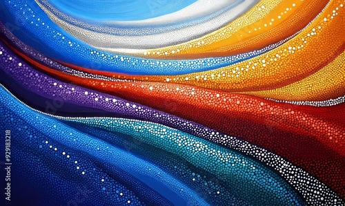 Colorful aboriginal dot painting pattern with flowing waves and dots in earthy tones