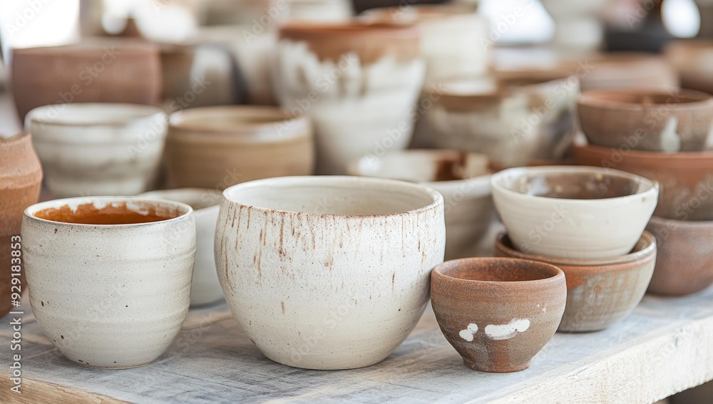 Fototapeta premium Hand-crafted ceramic bowls on wooden table.
