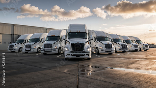 A fleet of trucks parked in front of a warehouse, ready to deliver factory goods. Generative AI