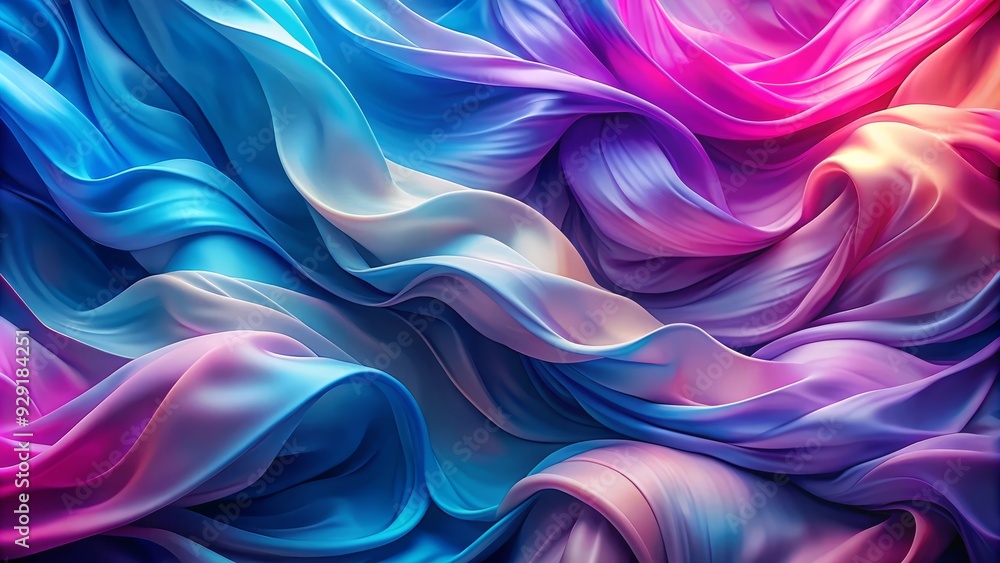 Obraz premium Vibrant abstract swirls of blue, purple, and pink gradient hues flow across a luminous, silky fabric background, evoking a sense of dynamic, shimmering energy.
