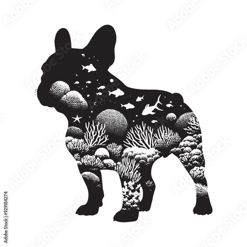 silhouette of French Bulldog, filled with underwater view with coral in rough drawing,