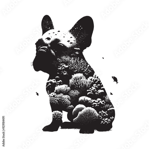 silhouette of French Bulldog, filled with underwater view with coral in rough drawing,