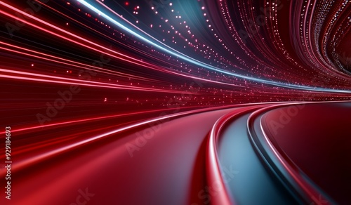 Red digital background with LED lights and a dark, glowing tunnel photo