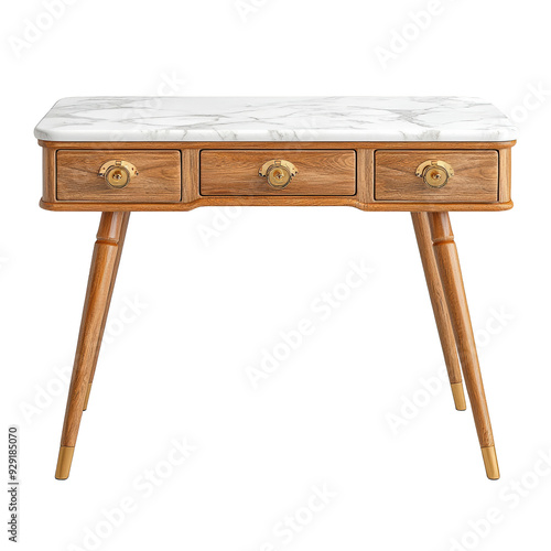 Elegant wooden table with a marble top and three drawers, perfect for modern and classic interiors. photo