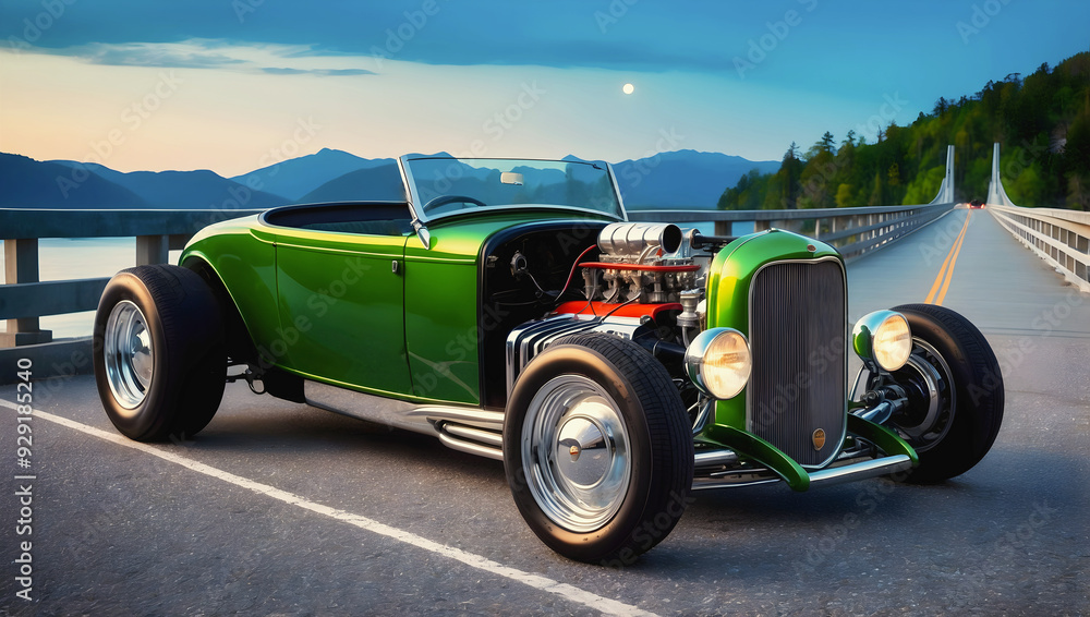Beautiful unique green vintage hot rod car, automotive background, tuning template, wallpaper, auto transport