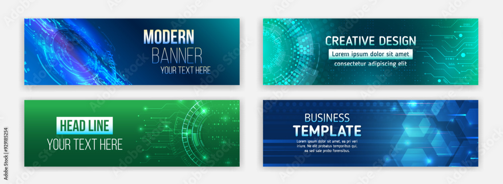 High-tech horizontal banner template. Modern banner design with technology element. Data protection, internet communication, science, big data, cover design set. Sci-fi vector sample concept.