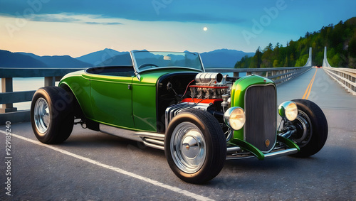 Obraz na płótnie Beautiful unique green vintage hot rod car, automotive background, tuning template, wallpaper, auto transport w salonie