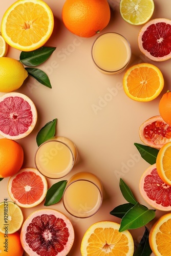 Fresh Citrus Fruits & Juice on Beige.