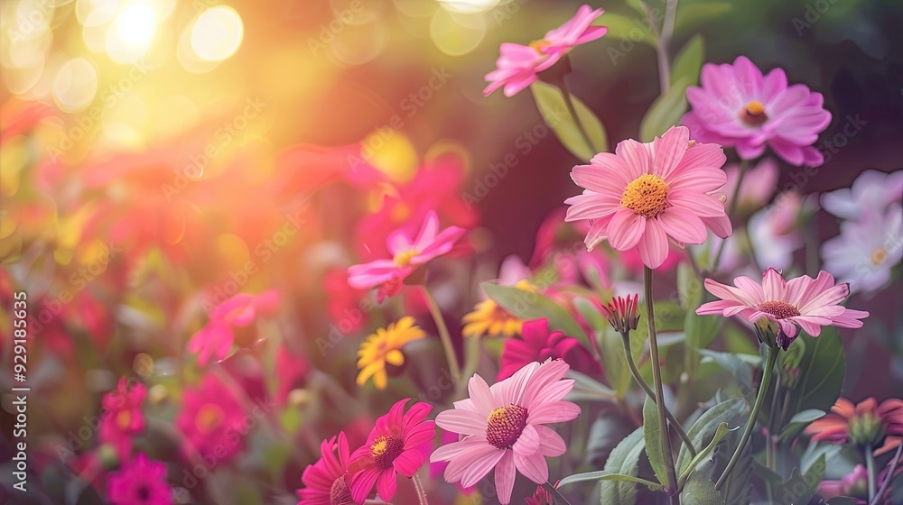 A field of flowering cosmos at sunset. Fresh spring or summer flowers. Nature background. Illustration for banner, postcard, greeting card, postcard, poster, cover or presentation. A field of flowering cosmos at sunset. Fresh spring or summer flowers. Nature background. Illustration for banner, postcard, greeting card, postcard, poster, cover or presentation.