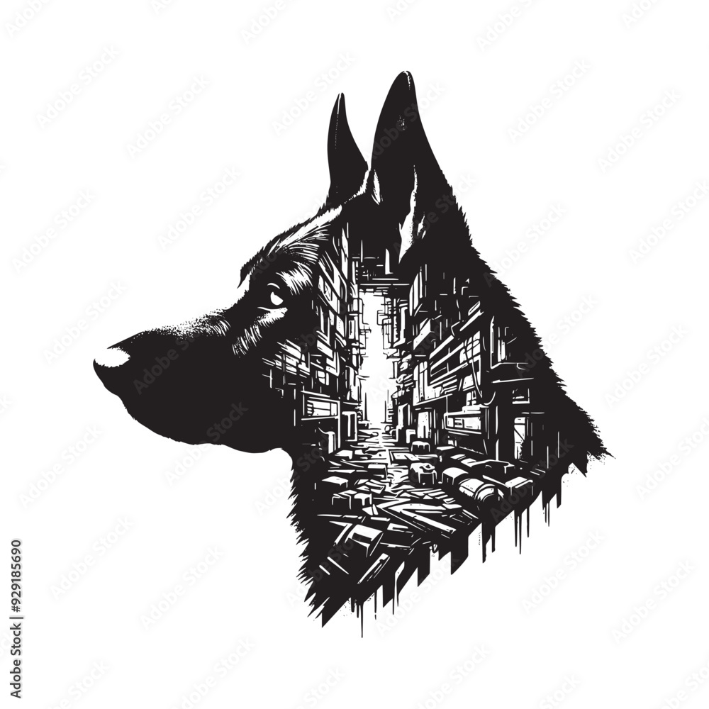 Naklejka premium silhouette of German Shepherd, filled with destroyed futuristic dystopia environment in rough drawing,