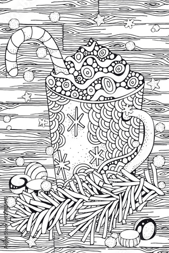  Christmas Coloring Page with Hot Chocolate Mug and Candy Cane – Detailed Black and White Festive Illustration. Zentangle patterns.