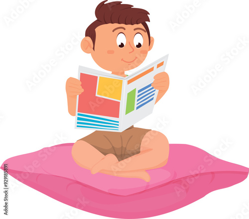 Kid reading comic book sitting on pillow cartoon character