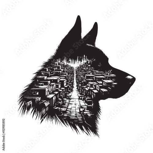 silhouette of German Shepherd, filled with ghetto street in rough drawing,