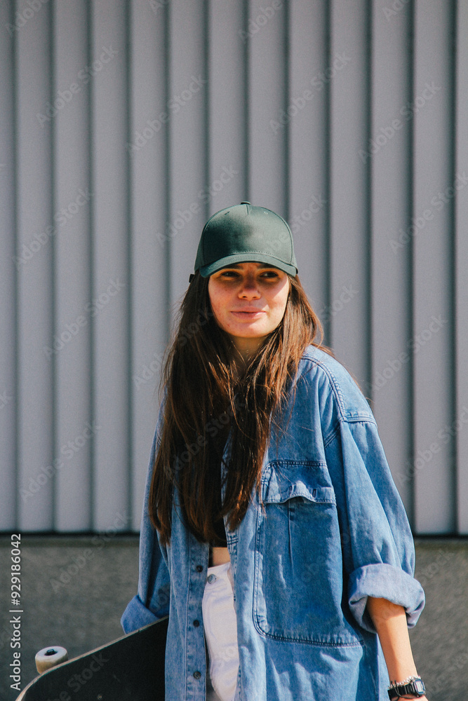 A young woman in a green cap and denim jacket, captured in a candid moment with a skateboard. The graininess and blur add a gritty, urban artistic effect to the photograph.