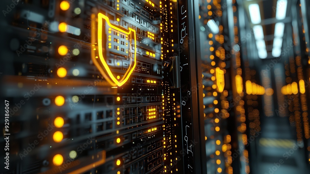 Obraz premium cybersecurity, Server Rack in Futuristic Data Center, server room with shield icon, security icon