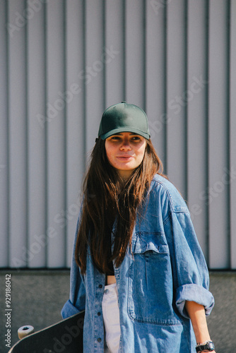 Obraz na płótnie A young woman in a green cap and denim jacket, captured in a candid moment with a skateboard. The graininess and blur add a gritty, urban artistic effect to the photograph. w salonie