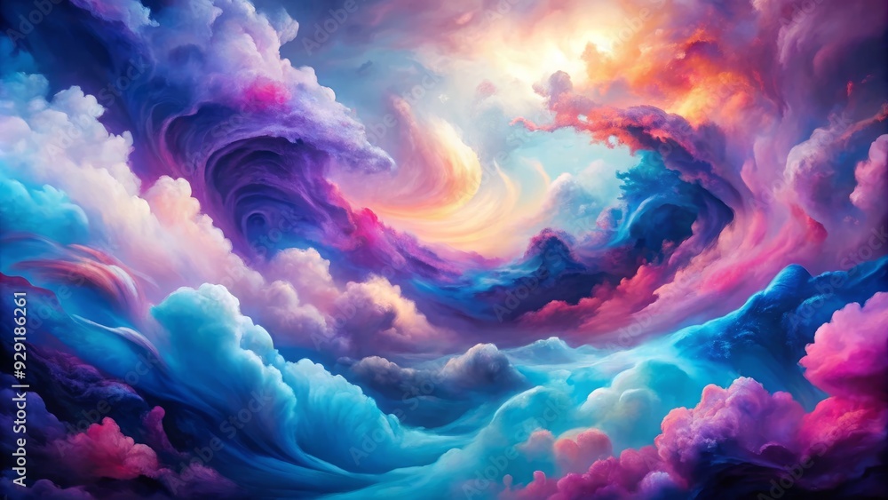 Fototapeta premium Vibrant, abstract watercolor painting transforms into a stunning creative background, featuring swirling clouds of blue, purple, and pink hues, evoking a sense of imaginative wonder.