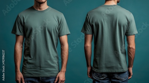 man wears a dark brown t-shirt, front and back, design mock up photo