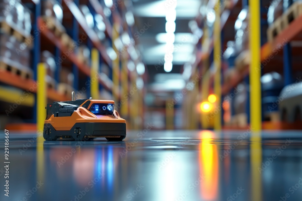 Blur background of smart robotic machine inspecting product in storage. Warehouse interior with shelves, bins, and a forklift. Industrial storage and logistics facility. with generative ai