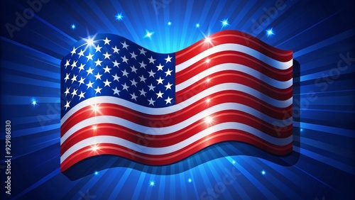 Vibrant American flag-inspired abstract icon with wavy stripes and stars on a bold blue background, symbolizing freedom, hope, and national pride. photo