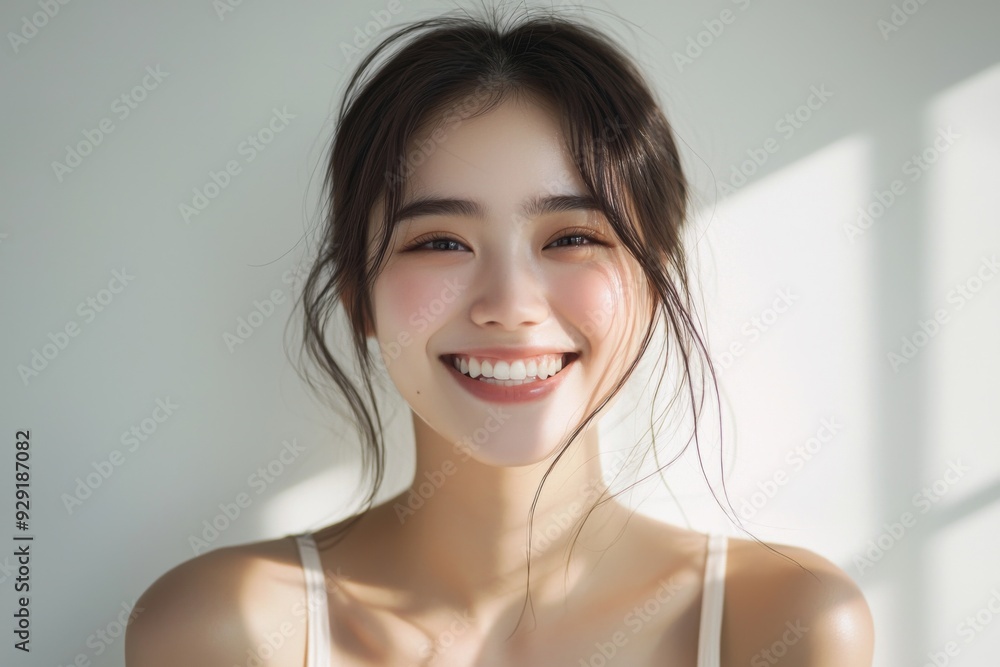 Beautiful young Asian woman smiling and happy created with Generative AI Beautiful young Asian woman smiling and happy created with Generative AI