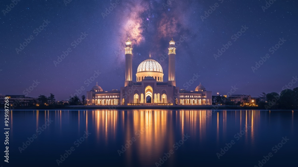 Fototapeta premium Majestic Mosque Reflected in a Tranquil Lake Under a Starry Night Sky