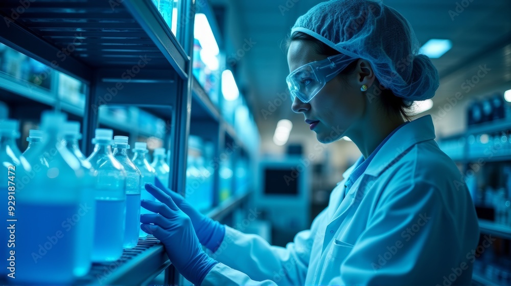 A focused scientist in protective gear examines bottles of blue liquid in a modern laboratory, representing precision and innovation in scientific research. A focused scientist in protective gear examines bottles of blue liquid in a modern laboratory, representing precision and innovation in scientific research.