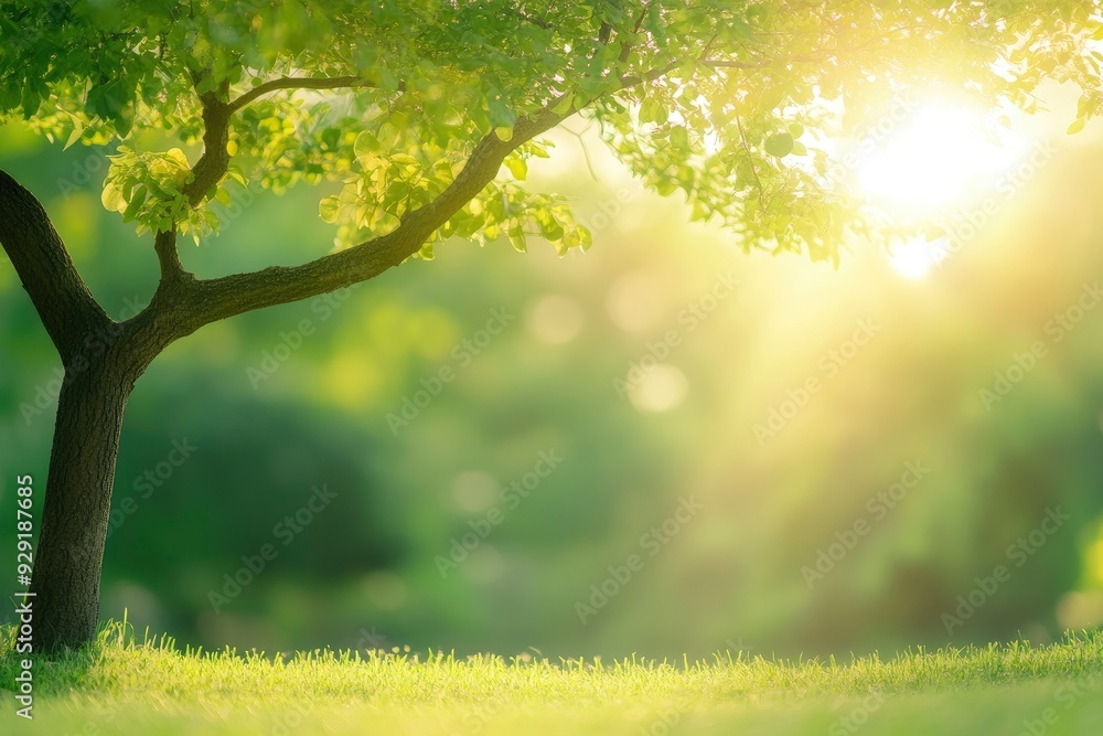 Blur background of sunlight shining though the tree with grass field. Soft light nature photography. Peaceful nature and solitude concept. with generative ai Blur background of sunlight shining though the tree with grass field. Soft light nature photography. Peaceful nature and solitude concept. with generative ai