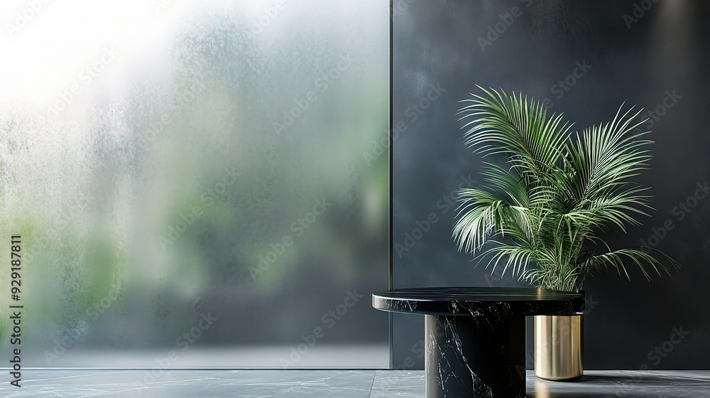 Serene Minimalism: A solitary palm graces a sleek black table against a backdrop of blurred tropical foliage, embodying minimalist design in a tranquil setting. Serene Minimalism: A solitary palm graces a sleek black table against a backdrop of blurred tropical foliage, embodying minimalist design in a tranquil setting.