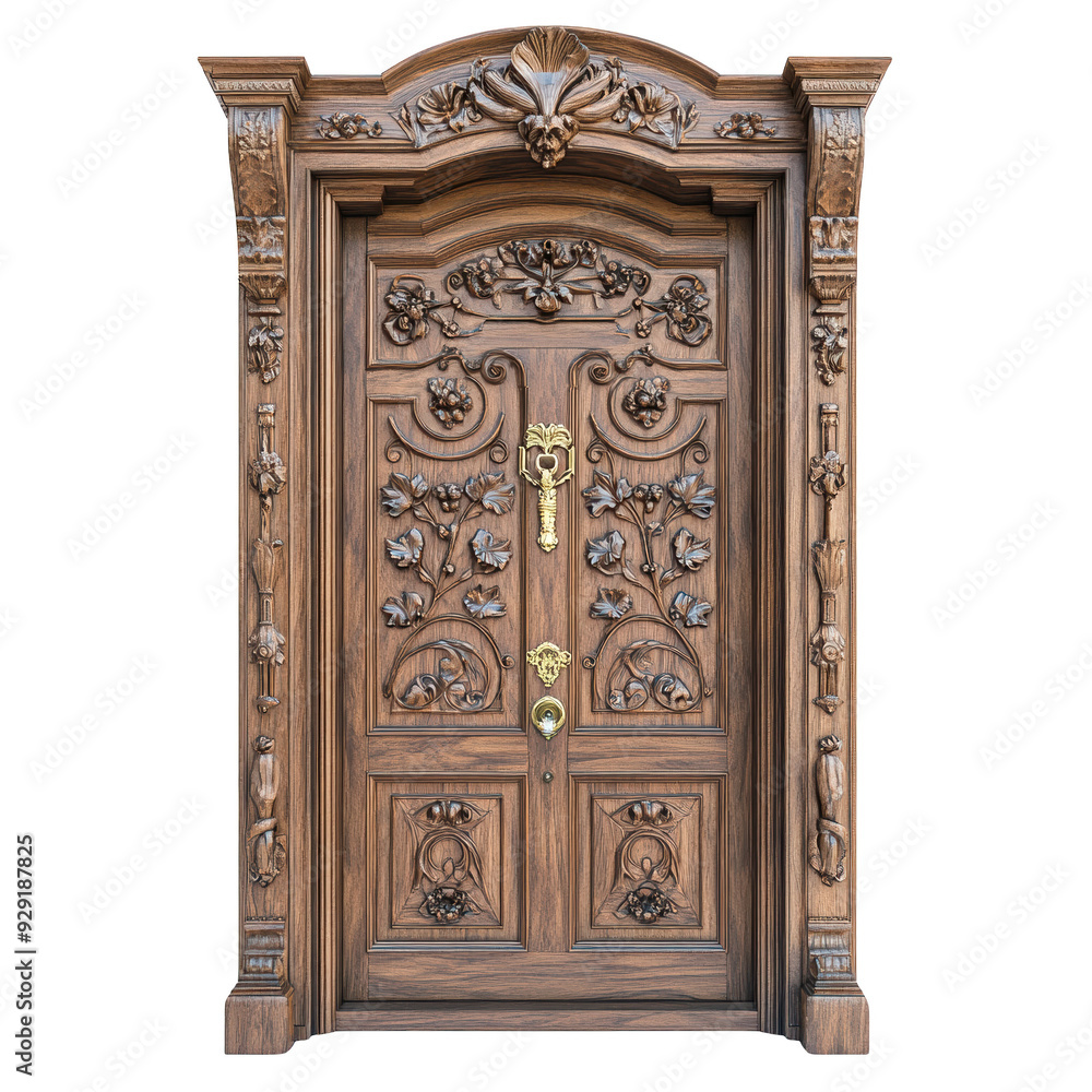 Ornate wooden door with intricate carvings and elegant details, perfect for architectural and decor themes. Ornate wooden door with intricate carvings and elegant details, perfect for architectural and decor themes.