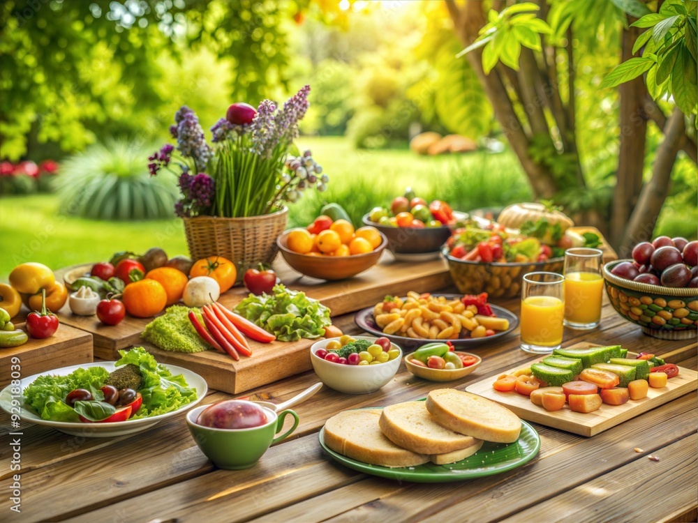Colorful Vegan Picnic Spread on Wooden Table in Sunlit Garden Colorful Vegan Picnic Spread on Wooden Table in Sunlit Garden