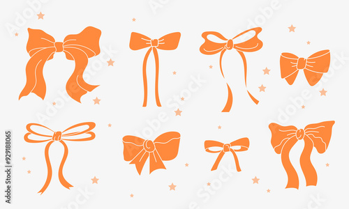 Set of orange bow knots for gift box. Hand drawn Decorative element for holiday presents, Xmas greeting card and Christmas package