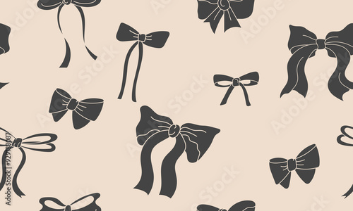 Hand drawn bows pattern. Cute black bow knots seamless pattern for holidays, greeting cards, print package. Vector illustration