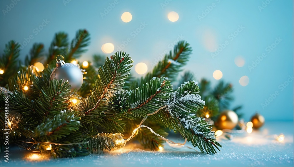 blue xmas background with pine tree branches gold snowflakes balls garland. Christmas frame greeting card template banner mockup.